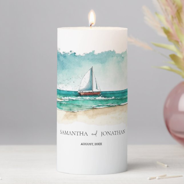 Nautical  minimalist watercolor  cruise wedding pillar candle (In Situ)