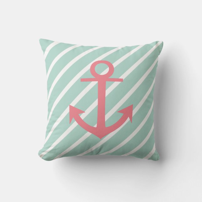 Nautical Mint Green Stripes And Coral Anchor Throw Pillow (Front)