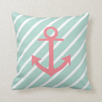 Nautical Mint Green Stripes And Coral Anchor Throw Pillow