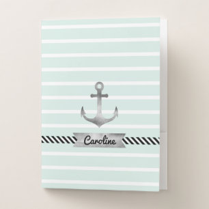 Nautical Mint Green Stripes  and Watercolor Anchor Pocket Folder