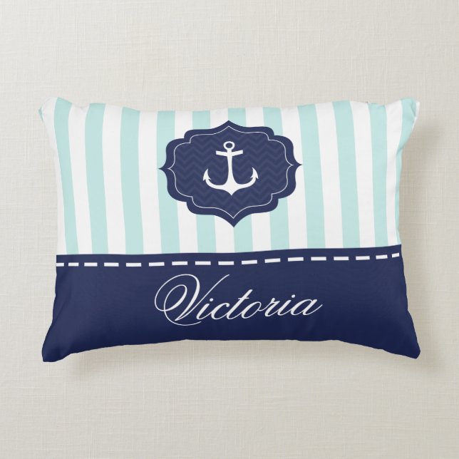 Nautical Mint Navy Blue Anchor Custom Name Accent Pillow (Front)