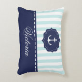 Nautical Mint Navy Blue Anchor Custom Name Accent Pillow (Front(Vertical))