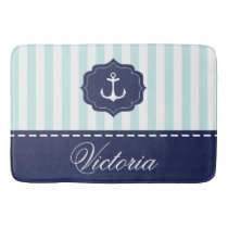 Nautical Mint Navy Blue Anchor Custom Name Bathroom Mat