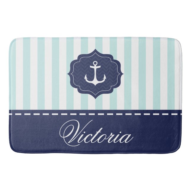 Nautical Mint Navy Blue Anchor Custom Name Bathroom Mat (Front)