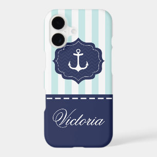 Nautical Mint Navy Blue Anchor Custom Name iPhone 17 Case