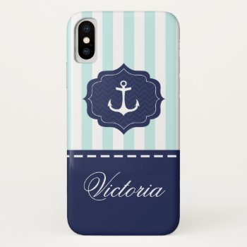 Nautical Mint Navy Blue Anchor Custom Name Iphone X Case by VintageDesignsShop at Zazzle