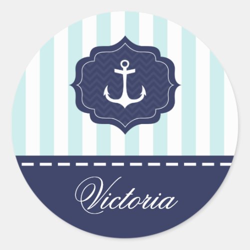 Nautical Mint Navy Blue Anchor Custom Name Classic Round Sticker