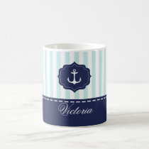 Nautical Mint Navy Blue Anchor Custom Name Coffee Mug