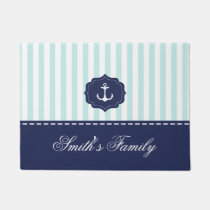 Nautical Mint Navy Blue Anchor Custom Name Doormat