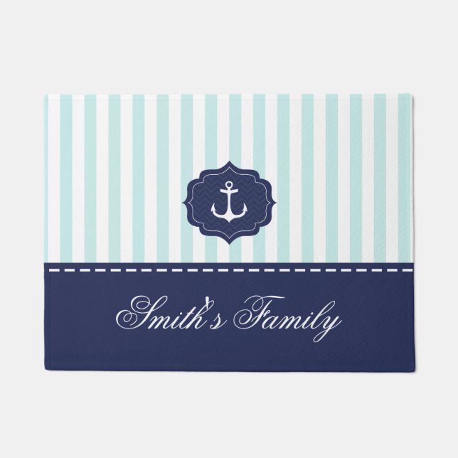 Nautical Mint Navy Blue Anchor Custom Name Doormat (Front)