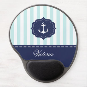Nautical Mint Navy Blue Anchor Custom Name Gel Mouse Pad