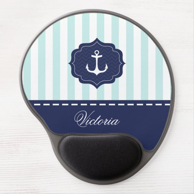 Nautical Mint Navy Blue Anchor Custom Name Gel Mouse Pad (Front)