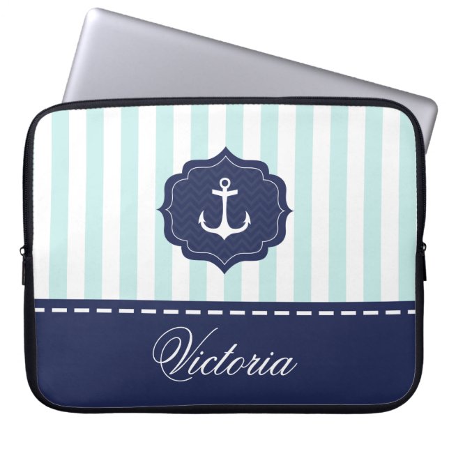 Nautical Mint Navy Blue Anchor Custom Name Laptop Sleeve (Front)