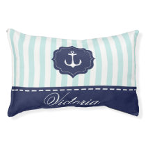 Nautical Mint Navy Blue Anchor Custom Name Pet Bed