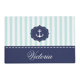 Nautical Mint Navy Blue Anchor Custom Name Placemat