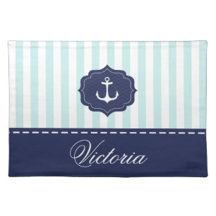 Nautical Mint Navy Blue Anchor Custom Name Placemat