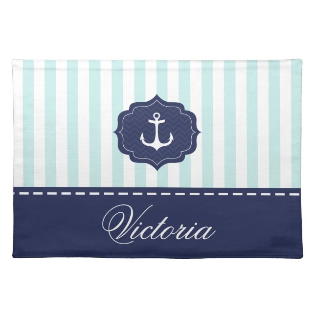 Nautical Mint Navy Blue Anchor Custom Name Placemat (Front)