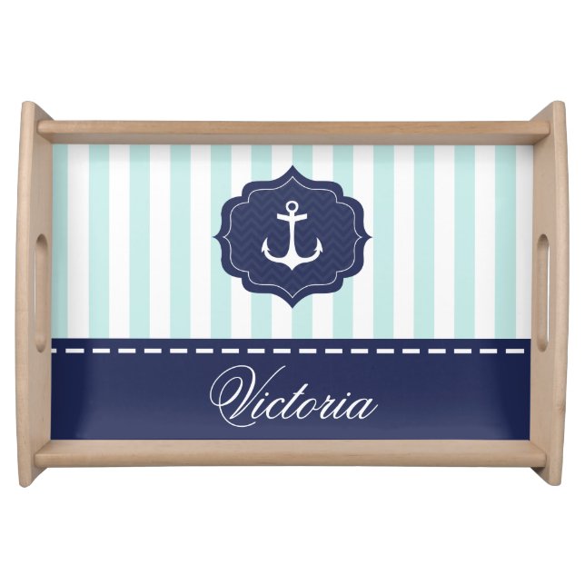 Nautical Mint Navy Blue Anchor Custom Name Serving Tray (Front)