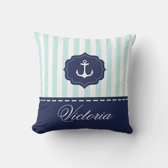 Nautical Mint Navy Blue Anchor Custom Name Throw Pillow (Front)