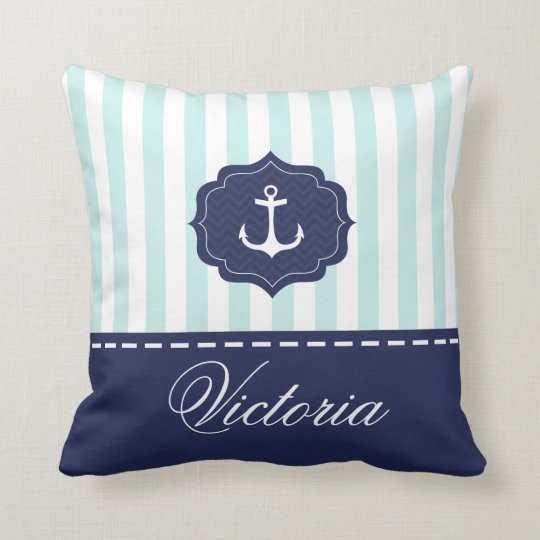 Nautical Mint Navy Blue Anchor Custom Name Throw Pillow