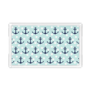 Nautical Mint Polka Dots And Navy Blue Anchors Acrylic Tray