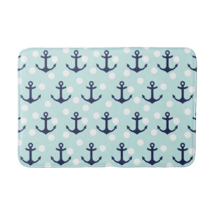 Nautical Mint Polka Dots And Navy Blue Anchors Bathroom Mat