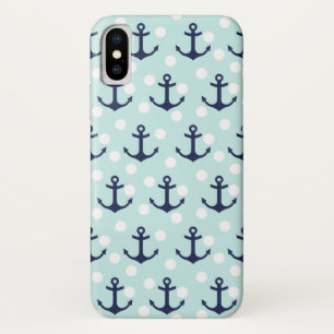 Nautical Mint Polka Dots And Navy Blue Anchors iPhone X Case