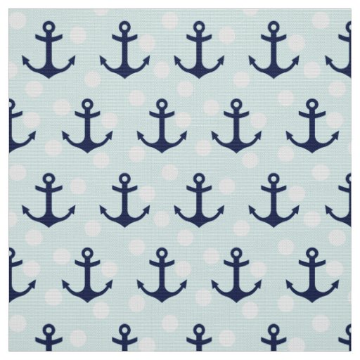 Nautical Mint Polka Dots And Navy Blue Anchors Fabric