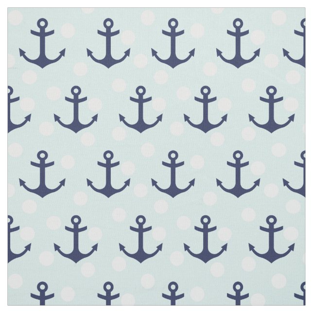 Nautical Mint Polka Dots And Navy Blue Anchors Fabric (Swatch)