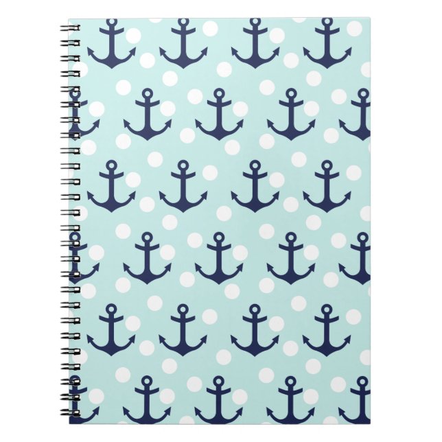 Nautical Mint Polka Dots And Navy Blue Anchors Notebook (Front)
