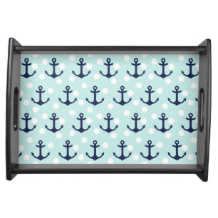 Nautical Mint Polka Dots And Navy Blue Anchors Serving Tray