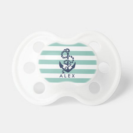 Nautical Mint Stripe Anchor Personalized Pacifier