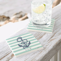 Nautical Mint Stripe &amp; Navy Anchor Monogram Stone Coaster