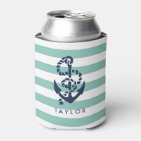 Nautical Mint Stripe & Navy Anchor Personalized Can Cooler