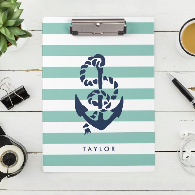 Nautical Mint Stripe & Navy Anchor Personalized Clipboard (Creator Uploaded)