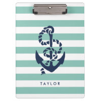 Nautical Mint Stripe & Navy Anchor Personalized Clipboard