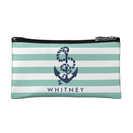 Nautical Mint Stripe & Navy Anchor Personalized Cosmetic Bag