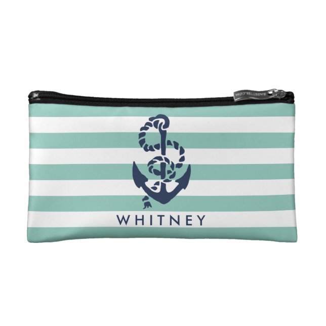 Nautical Mint Stripe & Navy Anchor Personalized Cosmetic Bag (Front)