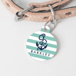 Nautical Mint Stripe & Navy Anchor Personalized Pet Name Tag<br><div class="desc">Pamper your pet! Design features a rope and anchor illustration in classic navy blue on a mint green and white stripe background. Customize with your pet's name on front and contact details on back. Coordinating accessories available in our shop,  including bowls and pet beds!</div>