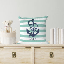 Nautical Mint Stripe &amp; Navy Anchor Personalized Throw Pillow