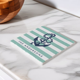 Nautical Mint Stripe & Navy Anchor Personalized Trivet