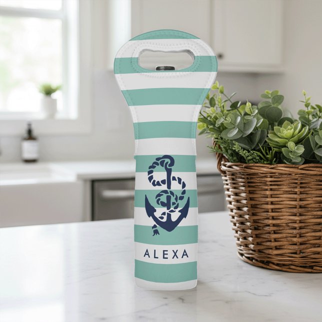 Nautical Mint Stripe & Navy Anchor Personalized Wine Bag (Creator Uploaded)