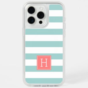 Nautical Mint Stripes and Coral Monogram iPhone 15 Pro Max Case