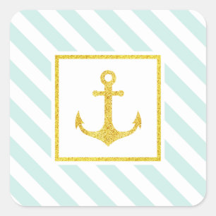 Nautical Mint Stripes Faux Glitter Anchor Square Sticker