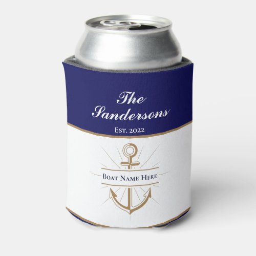 Nautical Modern Bold  Blue Anchor Boat Name Can Cooler