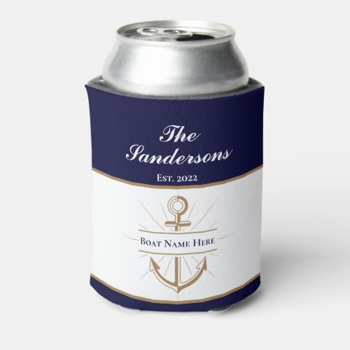 Nautical Modern Navy Blue Anchor Boat Name Can Cooler