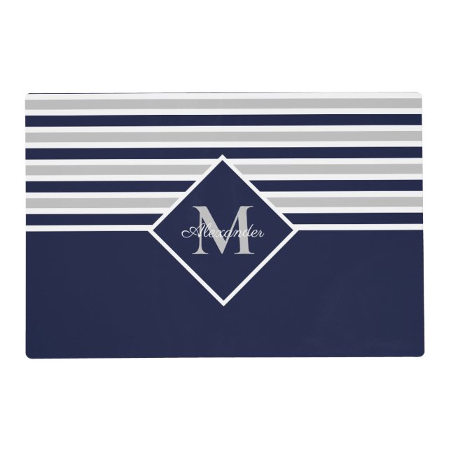 Nautical Modern Navy Blue Gray Laminated Monogram Placemat (Front)