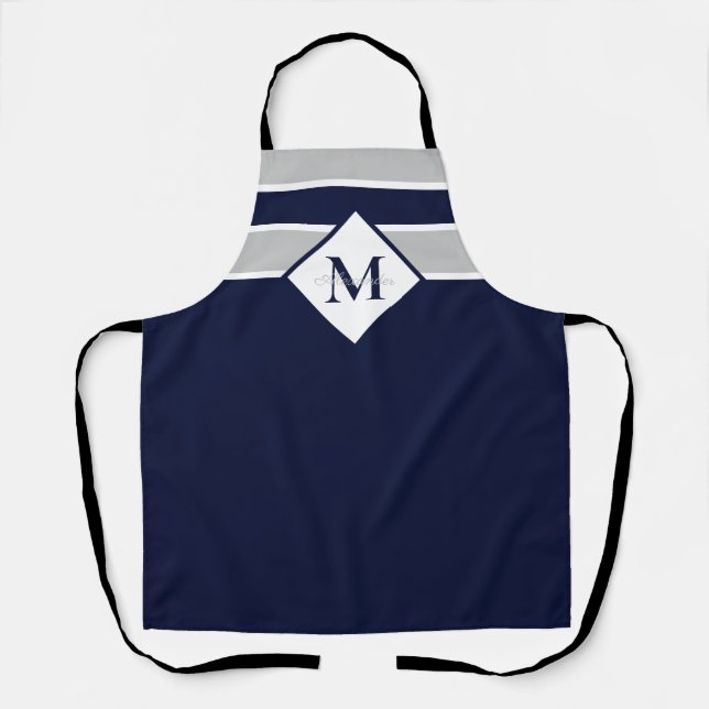 Nautical Modern Navy Blue Gray Monogram   Apron (Front)