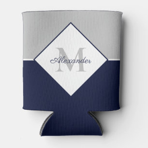 Nautical Modern Navy Blue Gray Monogram Can Cooler