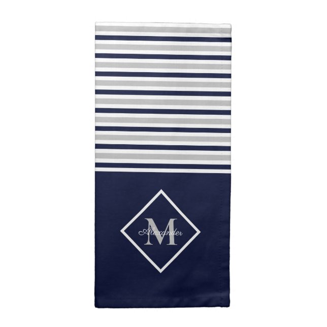 Nautical Modern Navy Blue Gray Monogram  Cloth Nap Napkin (Half Fold)